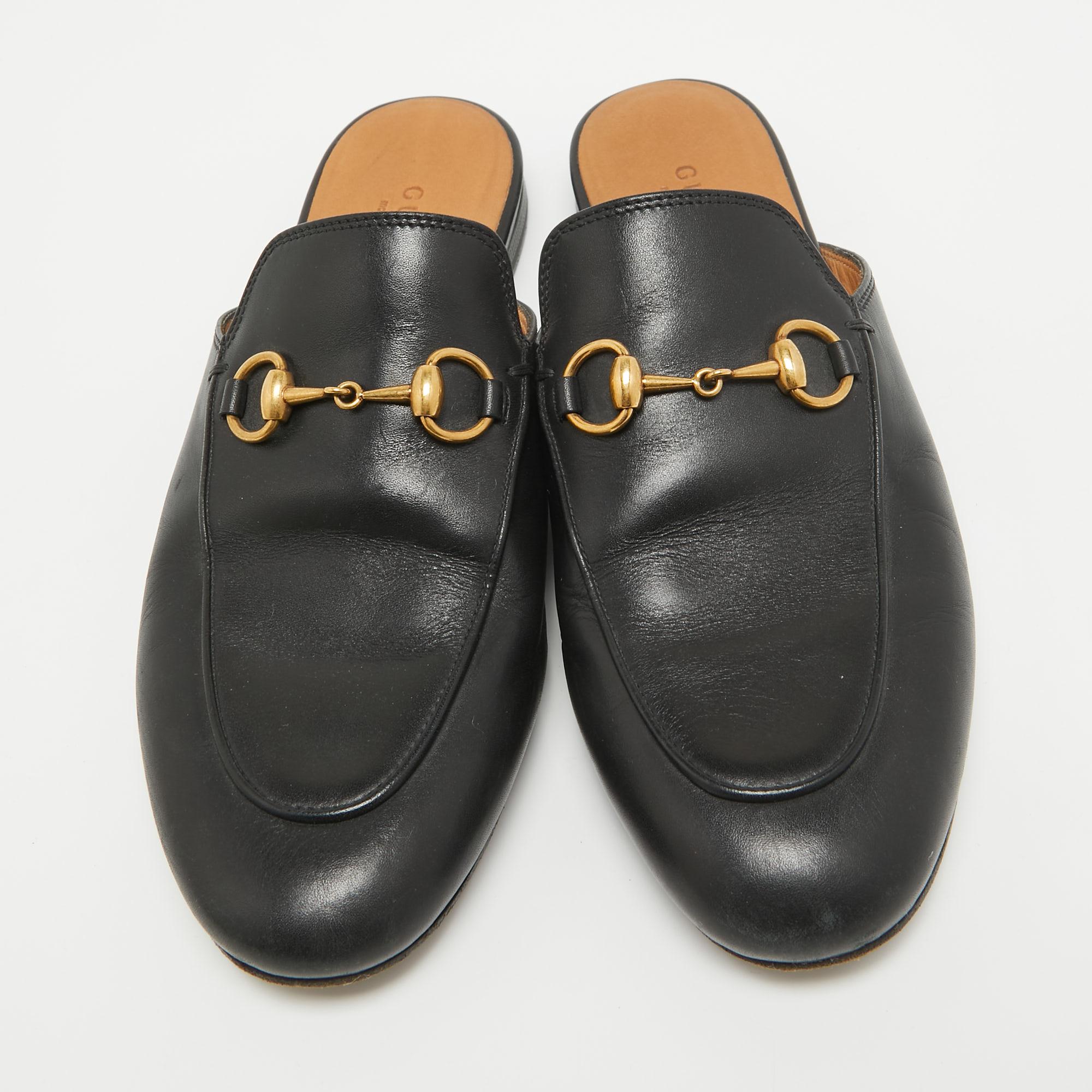 Gucci Black Leather Princetown Flat Mules Size 36.5 For Sale 1