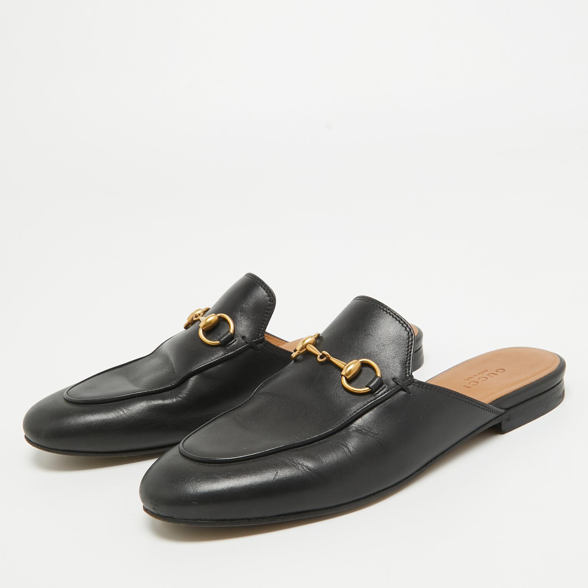 Gucci Black Leather Princetown Flat Mules Size 36.5 For Sale 2