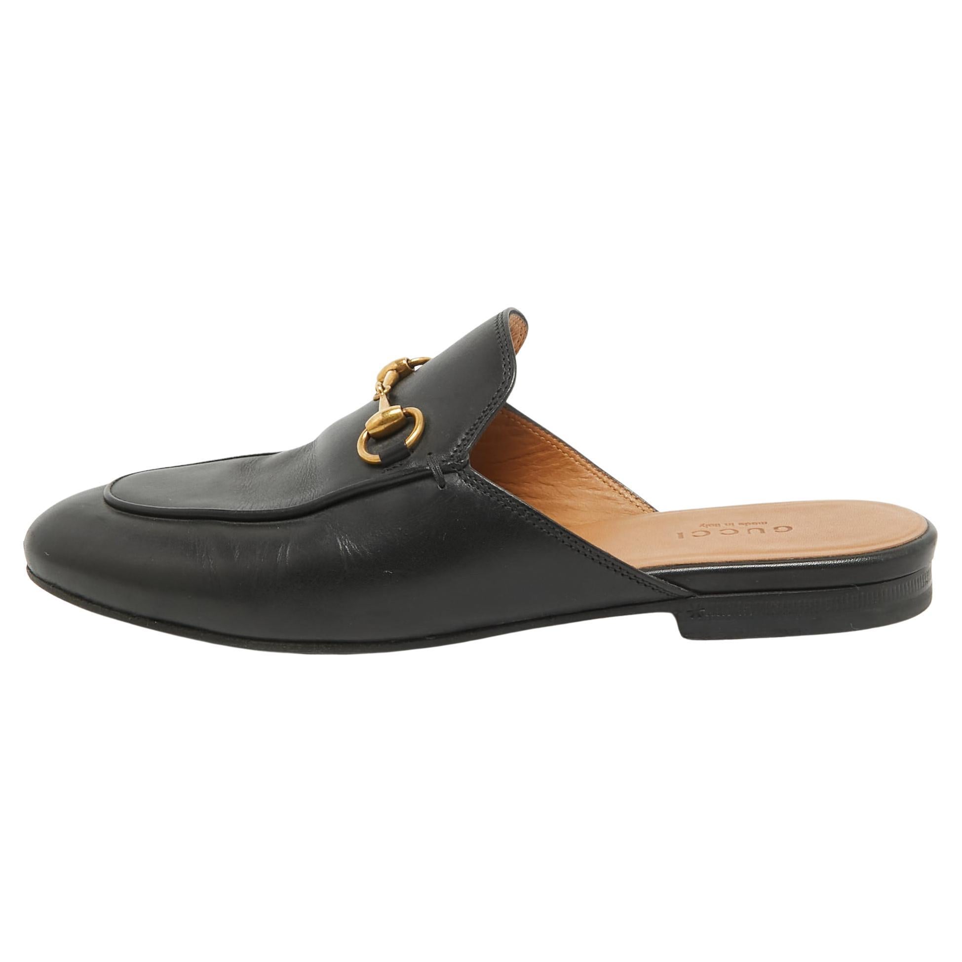 Gucci Black Leather Princetown Flat Mules Size 36.5 For Sale