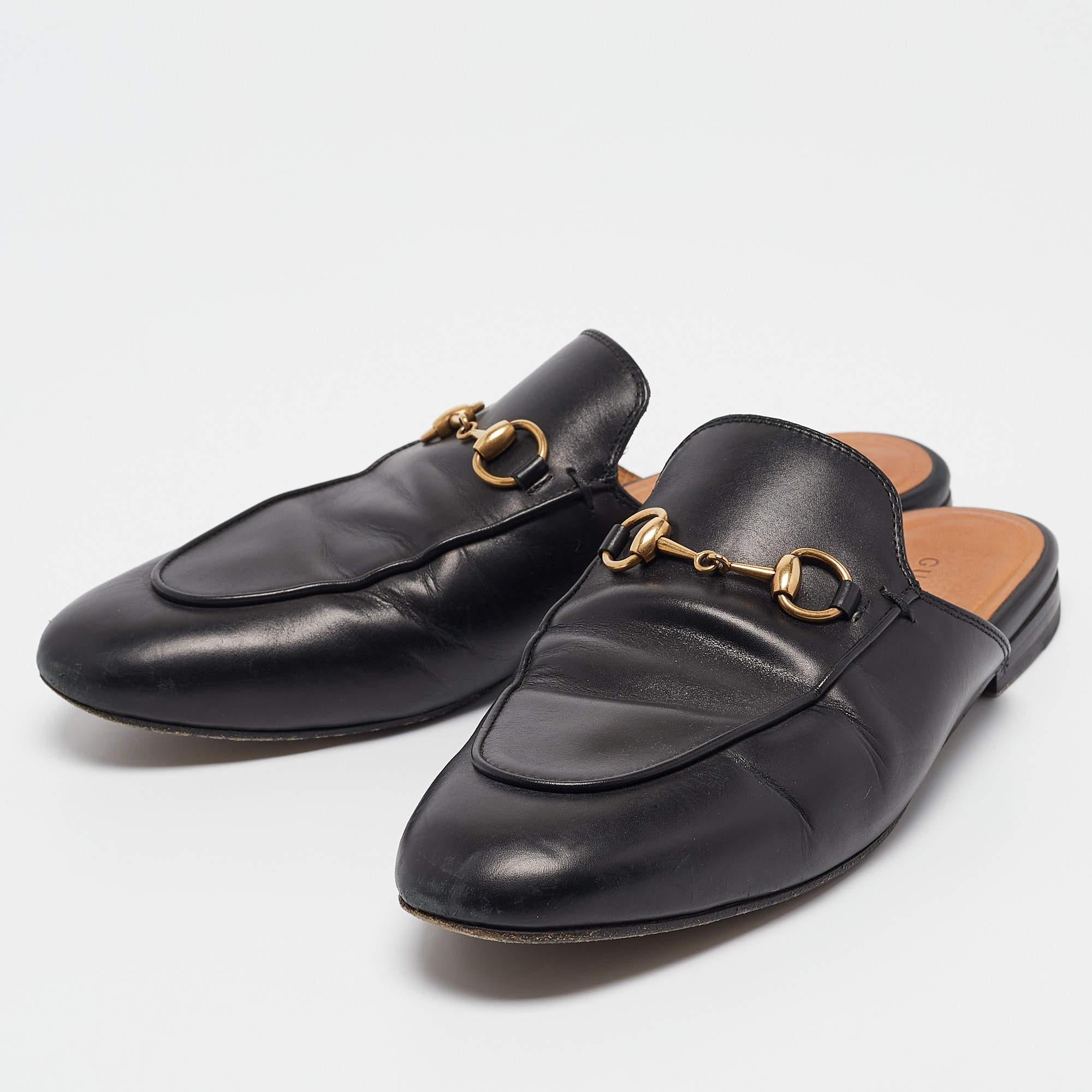 These Gucci Princetown mules signify luxury and practicality. An ultimate favorite of style enthusiasts  their silhouette has the luxe touch of the Horsebit motif on the uppers. They are made from leather.
