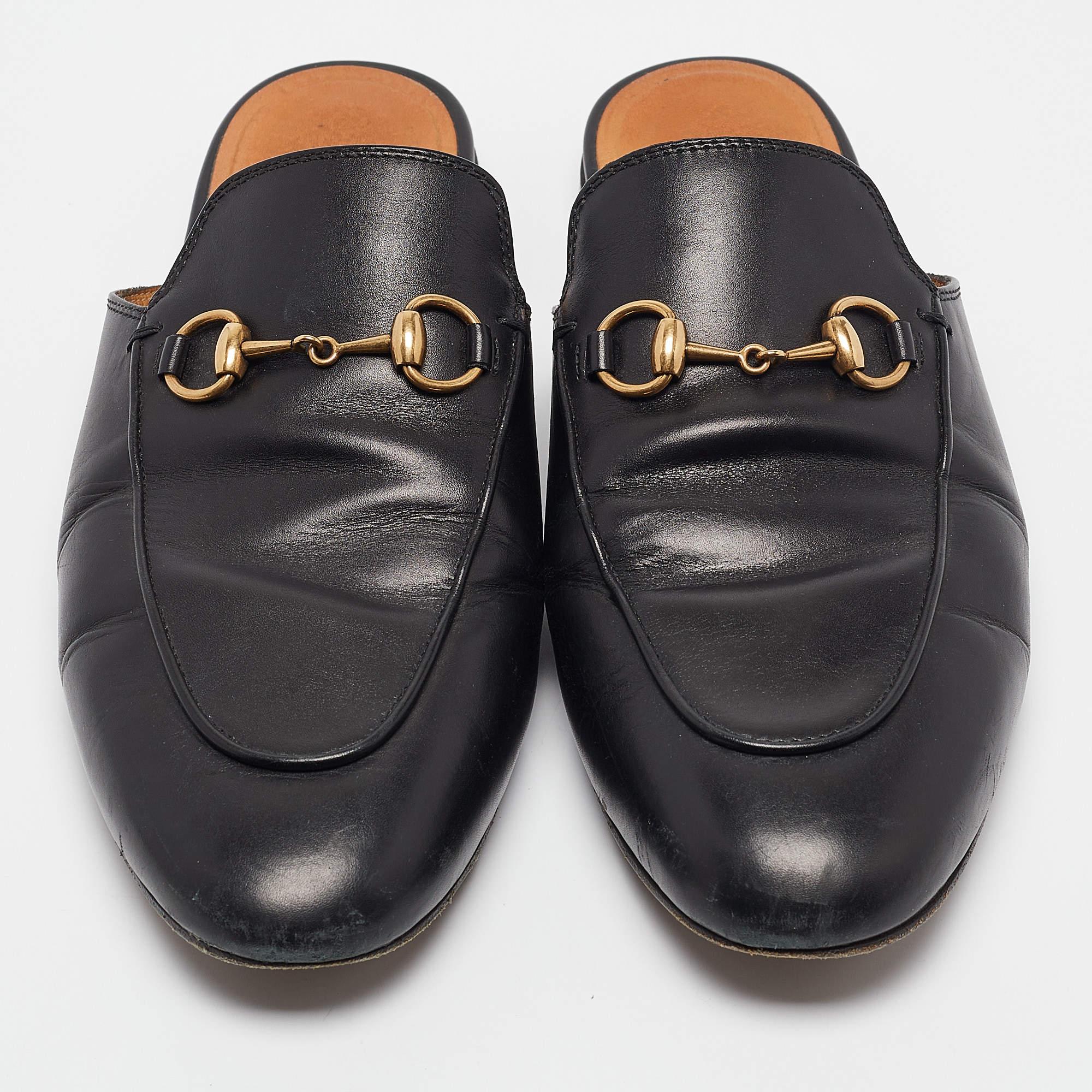 Gucci Black Leather Princetown Flat Mules Size 37.5 In Good Condition In Dubai, Al Qouz 2