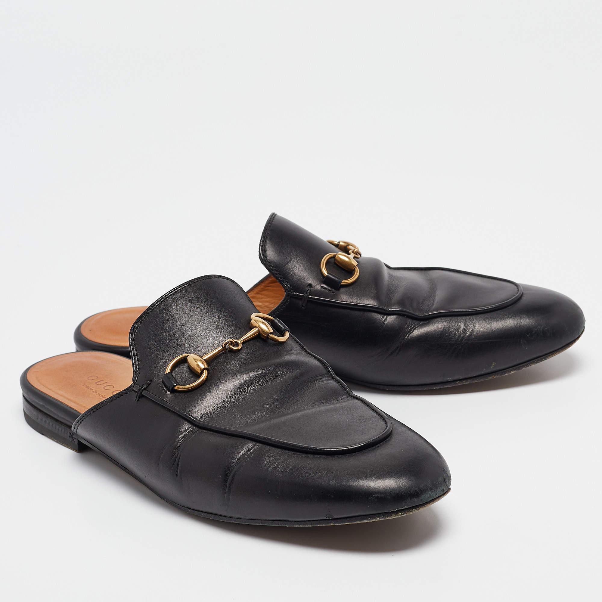 Women's Gucci Black Leather Princetown Flat Mules Size 37.5