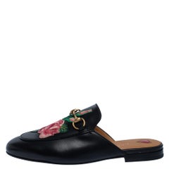 Gucci Black Leather Princetown Flower Embroidered Flat Mules Size 36