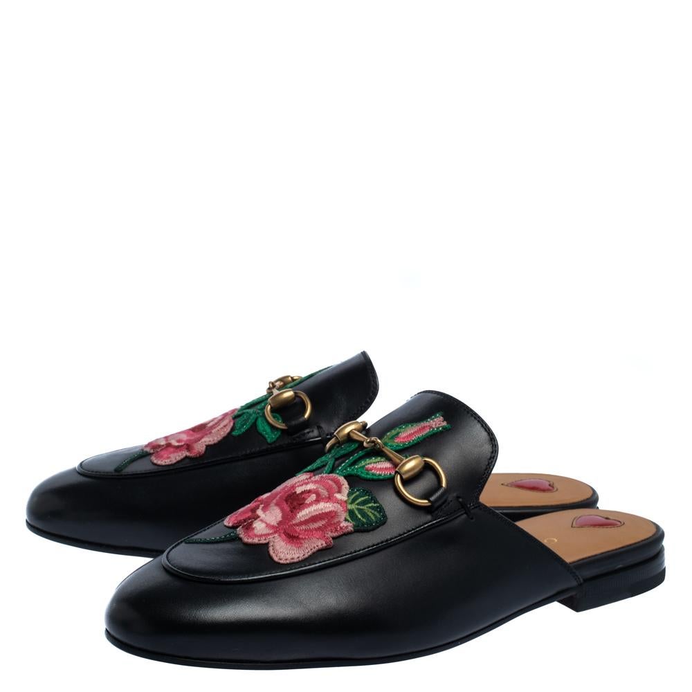 Gucci Black Leather Princetown Flower Embroidered Flat Mules Size 36 In New Condition In Dubai, Al Qouz 2