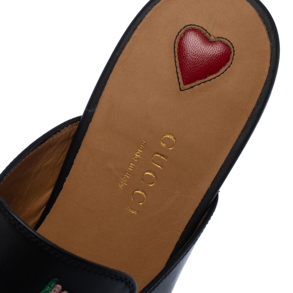 Women's Gucci Black Leather Princetown Flower Embroidered Flat Mules Size 36