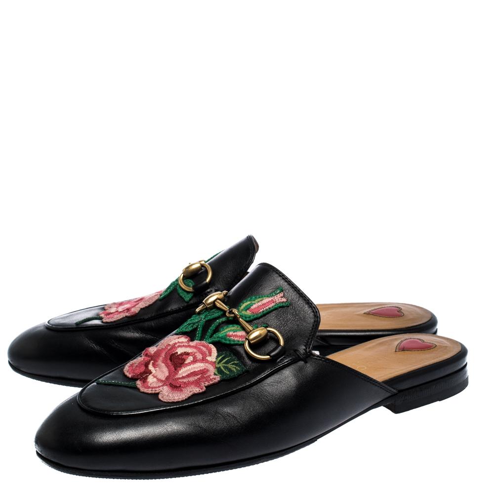 Women's Gucci Black Leather Princetown Flower Embroidered Flat Mules Size 36