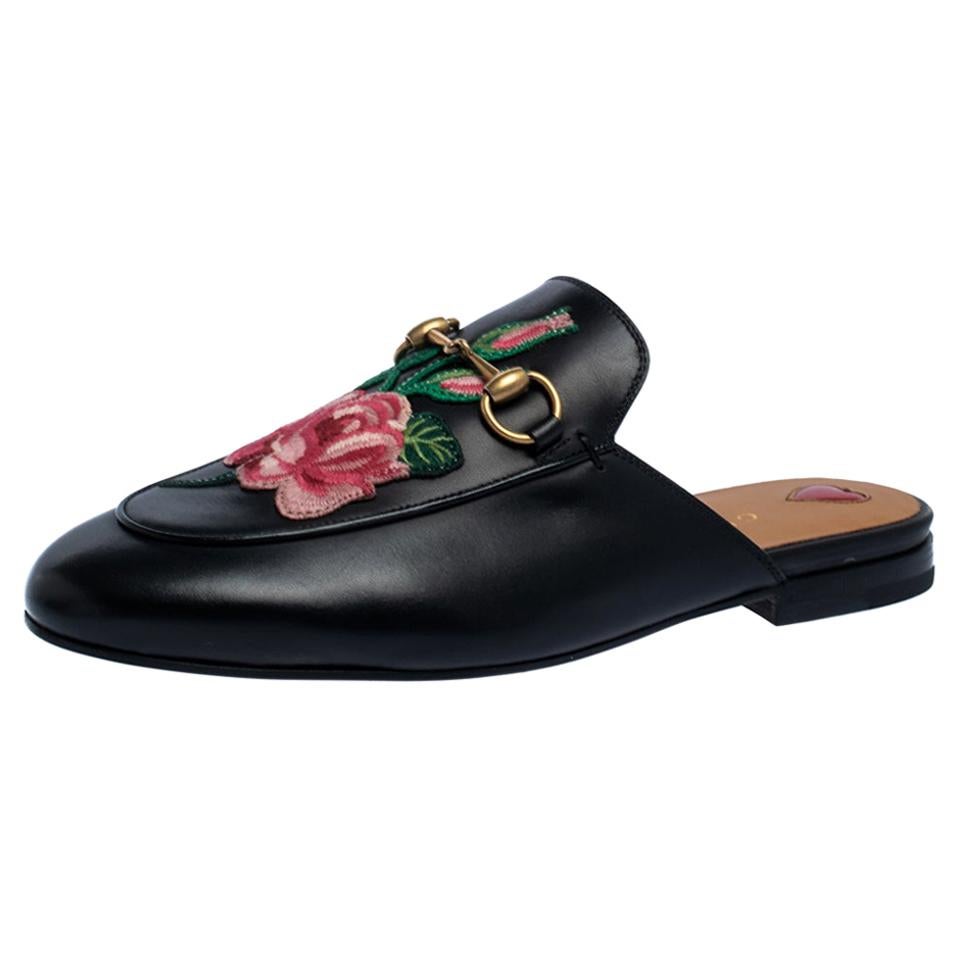 Gucci Black Leather Princetown Flower Embroidered Flat Mules Size 36