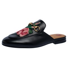 Gucci Black Leather Princetown Flower Embroidered Flat Mules Size 36