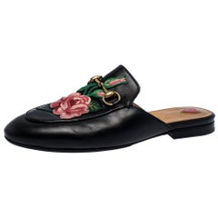 Gucci Black Leather Princetown Flower Embroidered Flat Mules Size 36