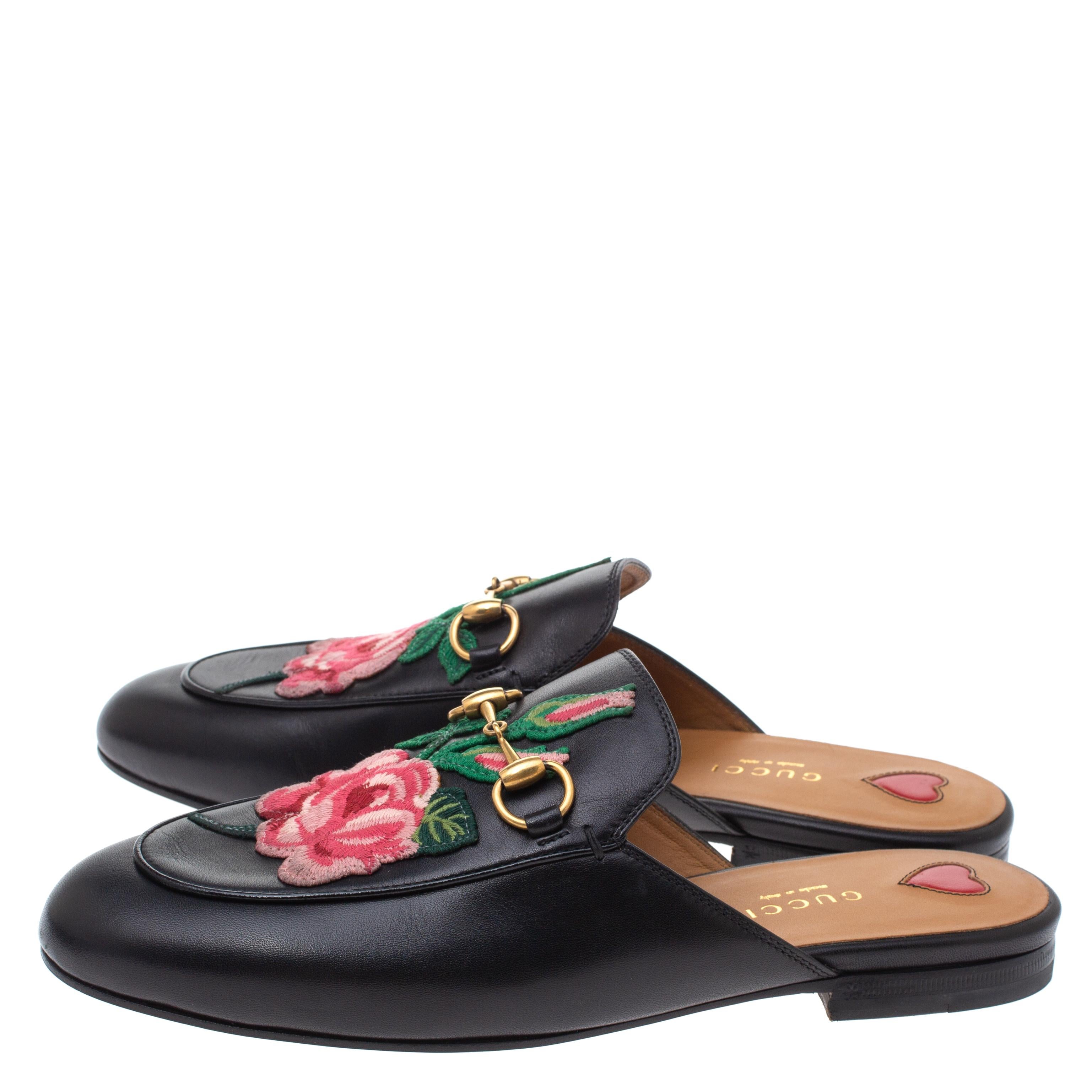 Women's Gucci Black Leather Princetown Flower Embroidered Flat Mules Size 37