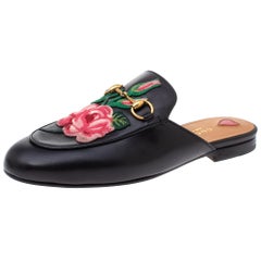 Gucci Black Leather Princetown Flower Embroidered Flat Mules Size 37