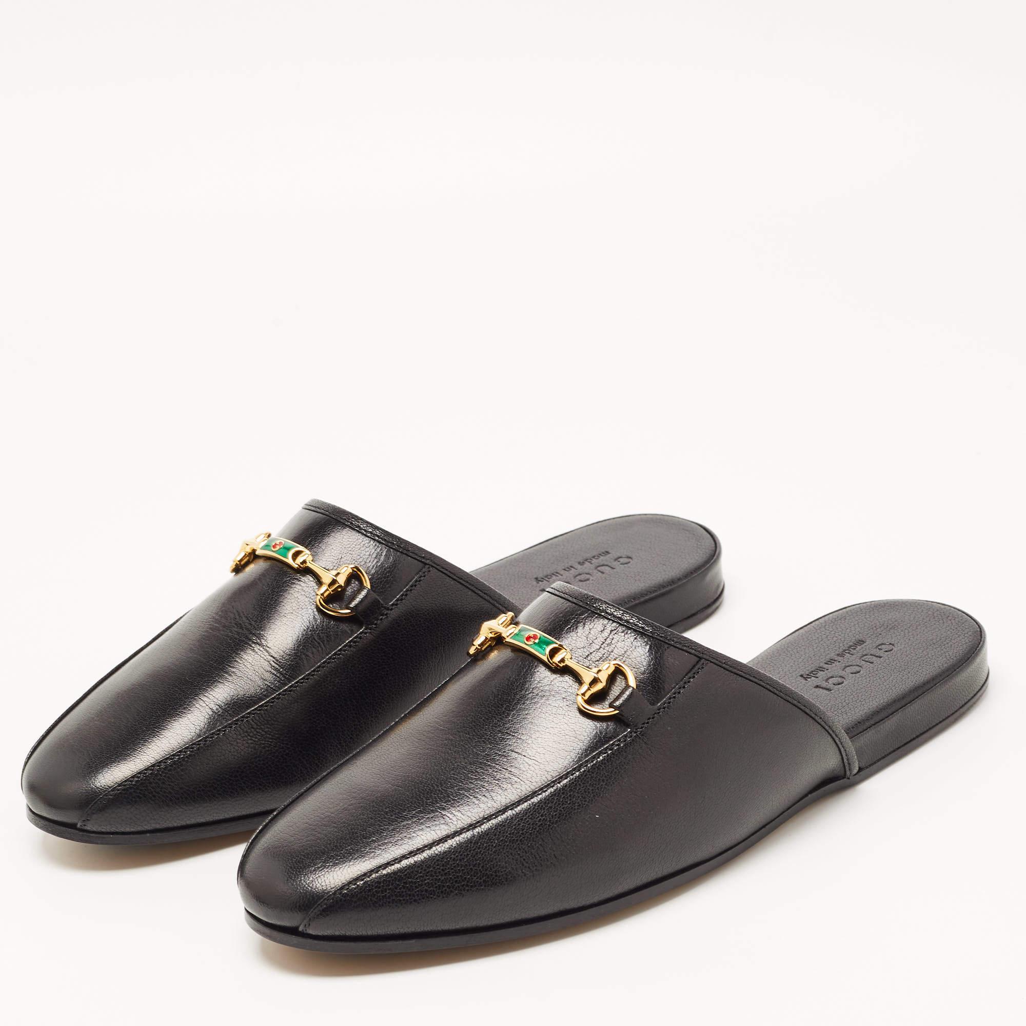 Gucci Black Leather Princetown Horsebit Flat Mules Size 45 In New Condition In Dubai, Al Qouz 2