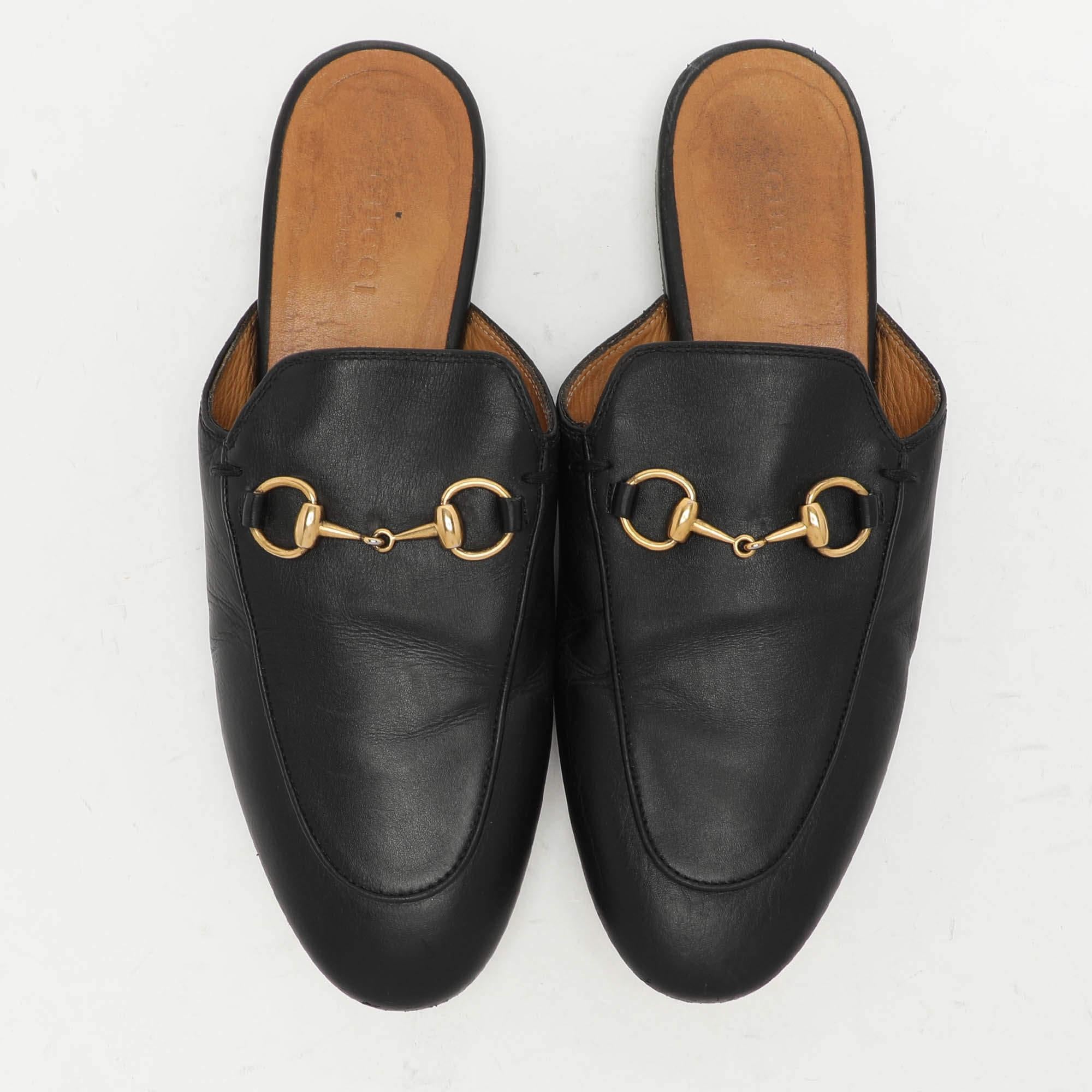 Gucci Black Leather Princetown Horsebit Mules Size 36.5 In Fair Condition In Dubai, Al Qouz 2