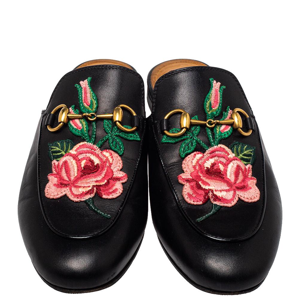 First introduced as part of Gucci's Fall Winter 2015 collection, the Princetown mules are an absolute favorite worldwide and have been worn by countless celebrities. These mules have been designed in black leather and detailed with embroidered rose