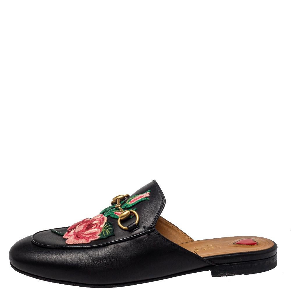 Women's Gucci Black Leather Princetown Mule Sandals Size 36
