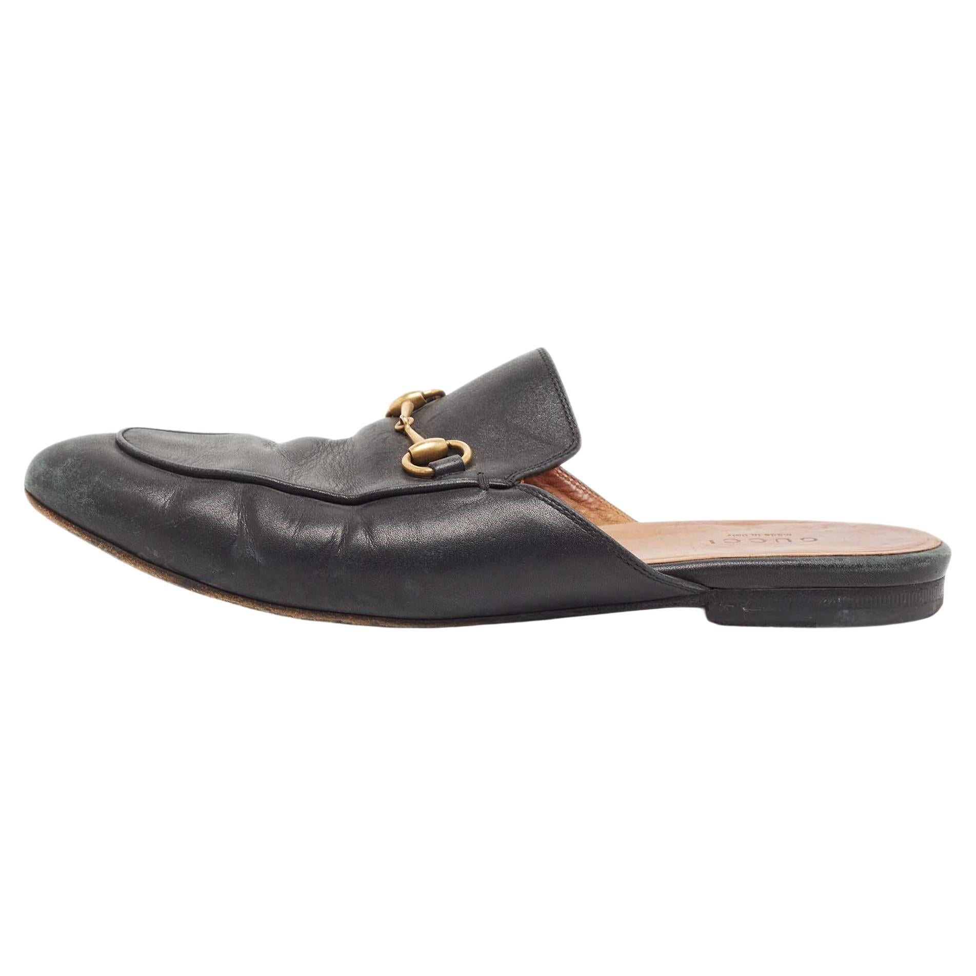 Gucci Black Leather Princetown Mules Size 38.5 a For Sale