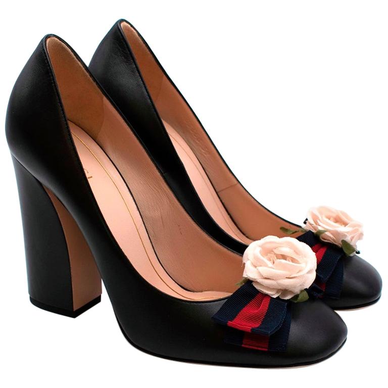Gucci Black Leather Pumps With Floral stripe Bow Size 39 at