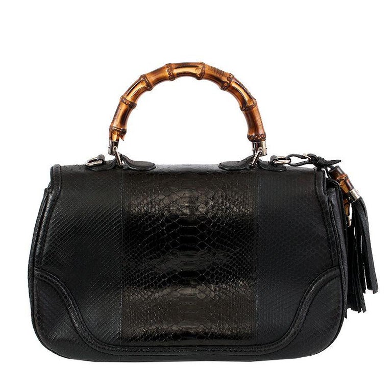 GUCCI black leather and PYTHON NEW BAMBOO Shoulder Bag For Sale at 1stDibs