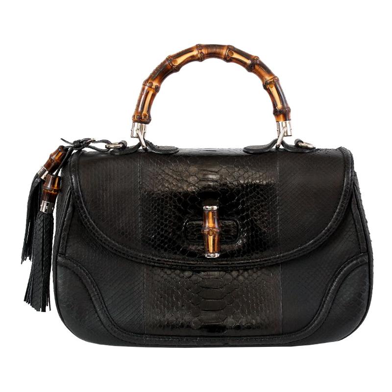 GUCCI black leather & PYTHON NEW BAMBOO Shoulder Bag For Sale