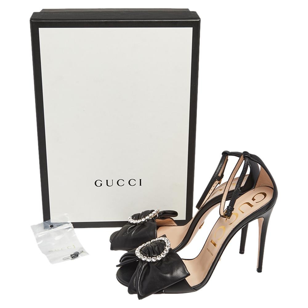 Gucci Black Leather Queen Margaret Bow Ankle Strap Sandals Size 39.5 1