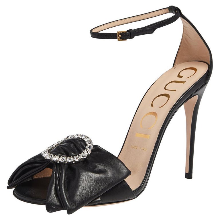 Gucci Black Leather Queen Margaret Bow Ankle Strap Sandals Size 39 5 For Sale At 1stdibs