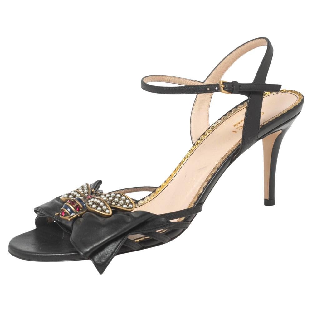 Gucci Black Leather Queen Margaret Bow Ankle-Strap Sandals Size 39.5