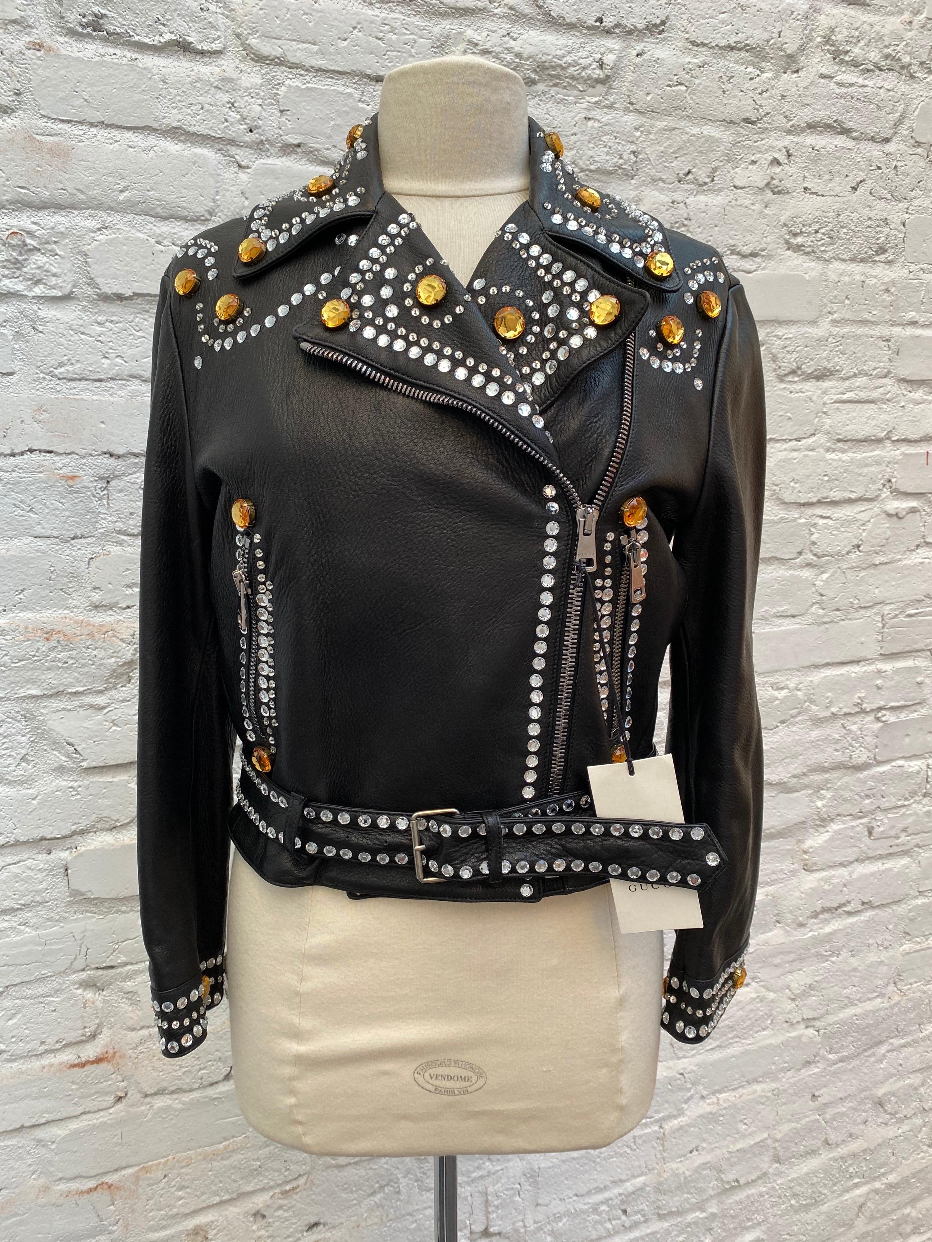 Gucci Black Leather Jacket with Rhinestones. Limited and never worn. With original tags. Size S. Motorcycle style jacket. Guaranteed authentic. 

Measurements
Shoulder to Shoulder: 18