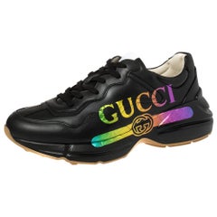 Used Gucci Black Leather Rhyton Gucci Logo Sneakers Size 41