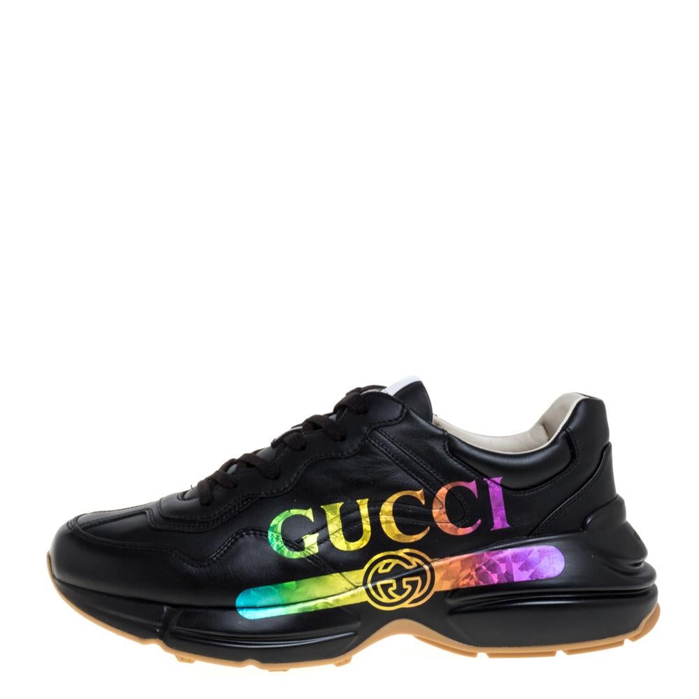 Men's Gucci Black Leather Rhyton Gucci Logo Sneakers Size 42