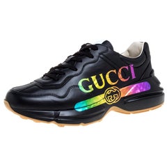 Gucci Schwarz Leder Rhyton Gucci Logo Sneakers Größe 42