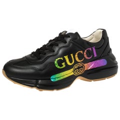 Used Gucci Black Leather Rhyton Gucci Logo Sneakers Size 42