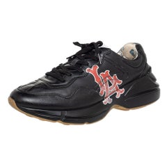 Gucci Black Leather Rhyton LA Angels Prints Low Top Sneakers Size 43