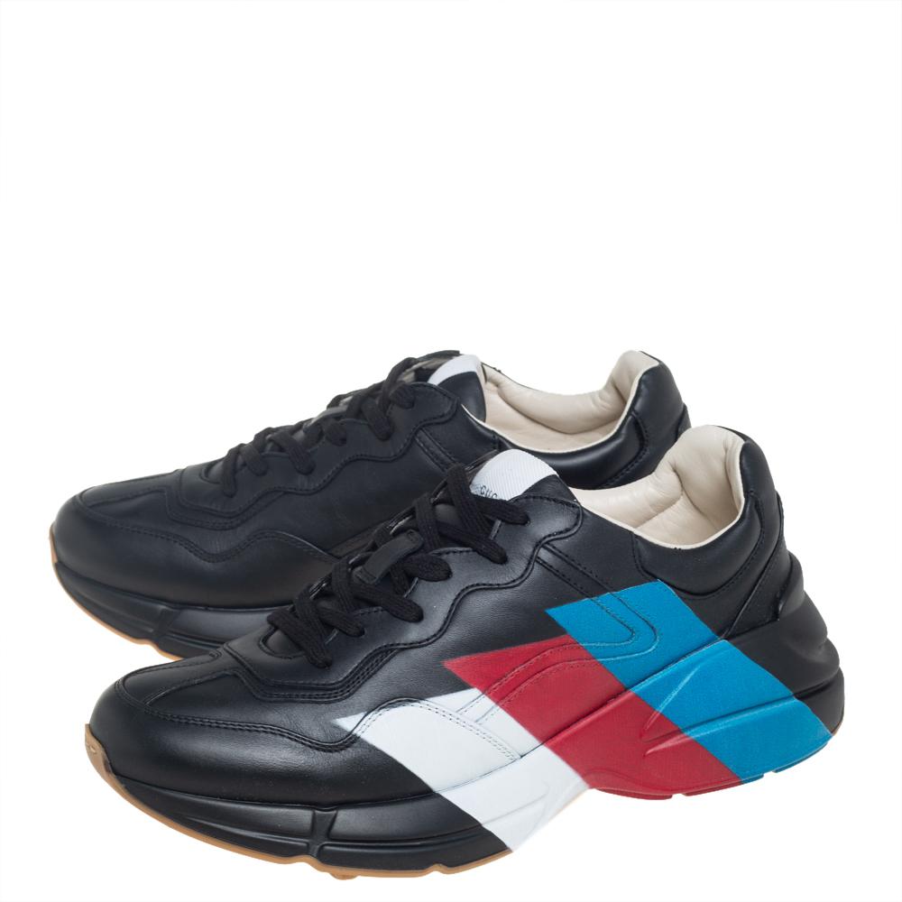 Men's Gucci Black Leather Rhyton Web Print Sneakers Size 42