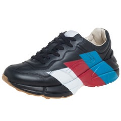 Gucci Black Leather Rhyton Web Print Sneakers Size 42