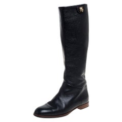 Used Gucci Black Leather Riding Mid Calf Boots Size 35.5
