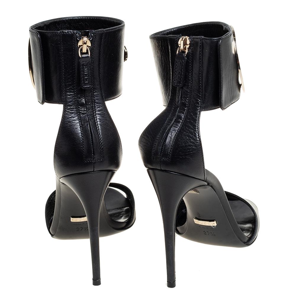 Women's Gucci Black Leather Rooney Icon Bit Embellished Ankle Cuff Sandals Size 37.5