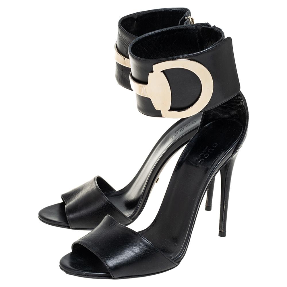 Gucci Black Leather Rooney Icon Bit Embellished Ankle Cuff Sandals Size 37.5 1