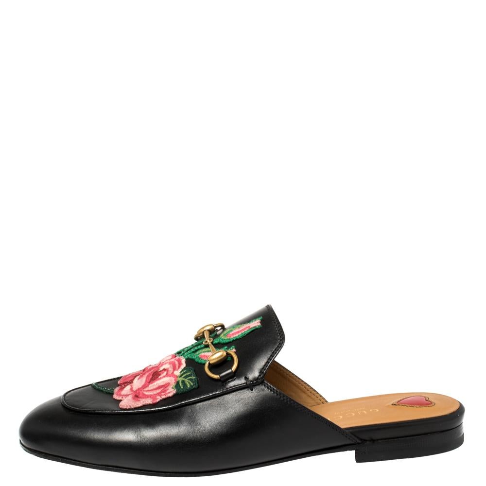 Gucci Black Leather Rose Embroidered Princetown Horsebit Flat Mules Size 37.5 1