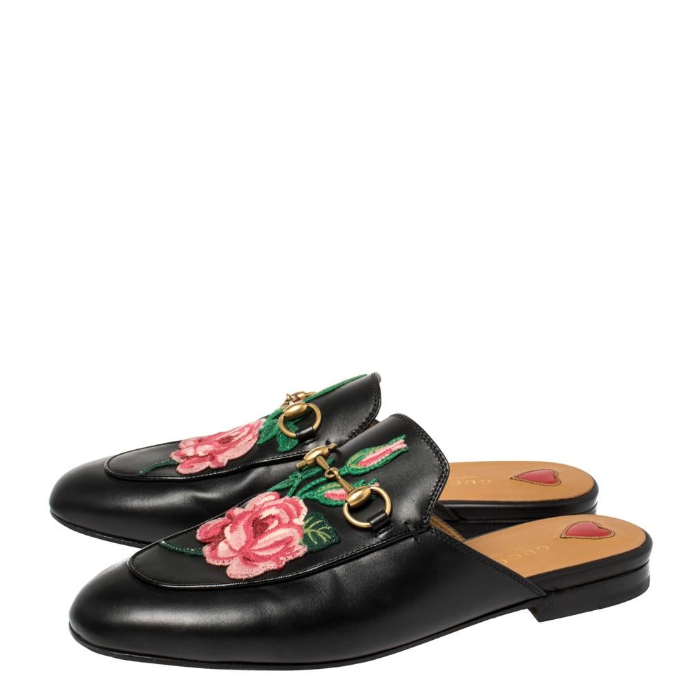 Gucci Black Leather Rose Embroidered Princetown Horsebit Flat Mules Size 37.5 3