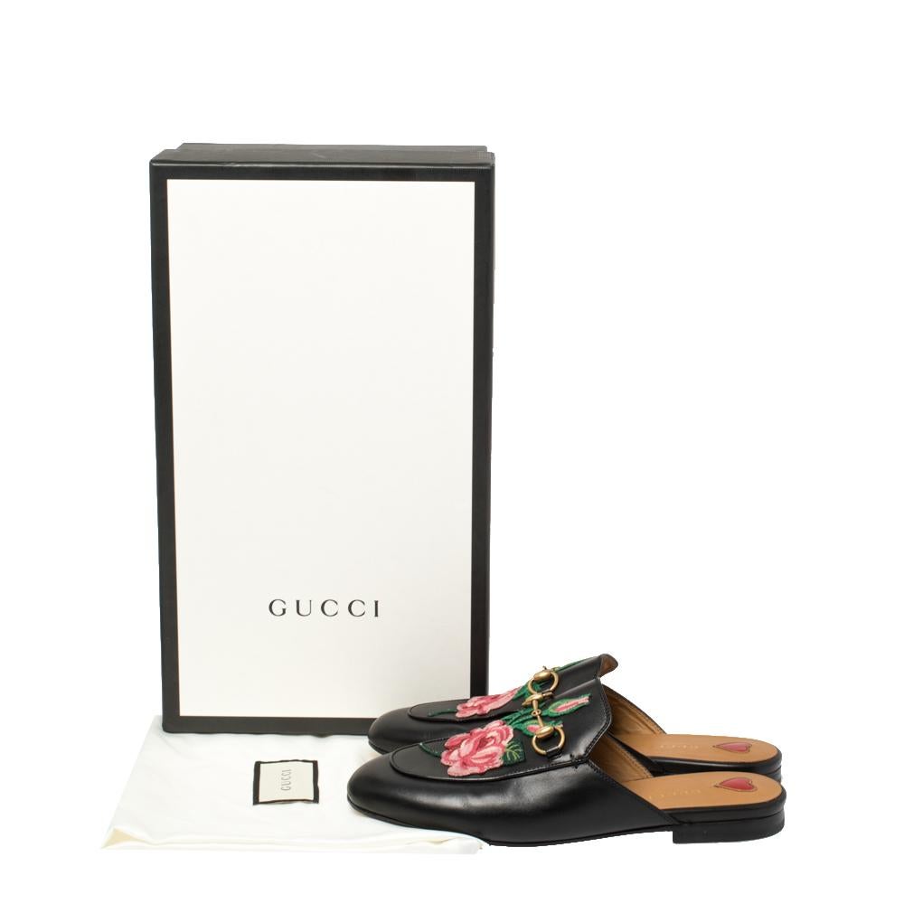 Gucci Black Leather Rose Embroidered Princetown Horsebit Flat Mules Size 37.5 4