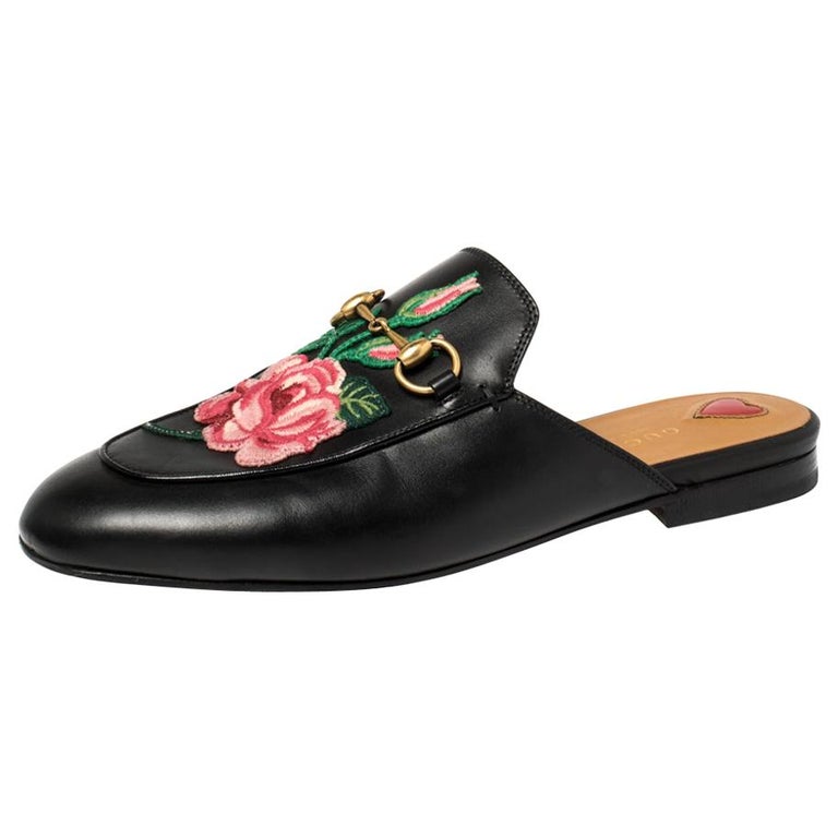 Gucci Black Leather Rose Embroidered Princetown Horsebit Flat Mules Size  37.5 at 1stDibs