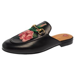 Gucci Black Leather Rose Embroidered Princetown Horsebit Flat Mules Size 37.5