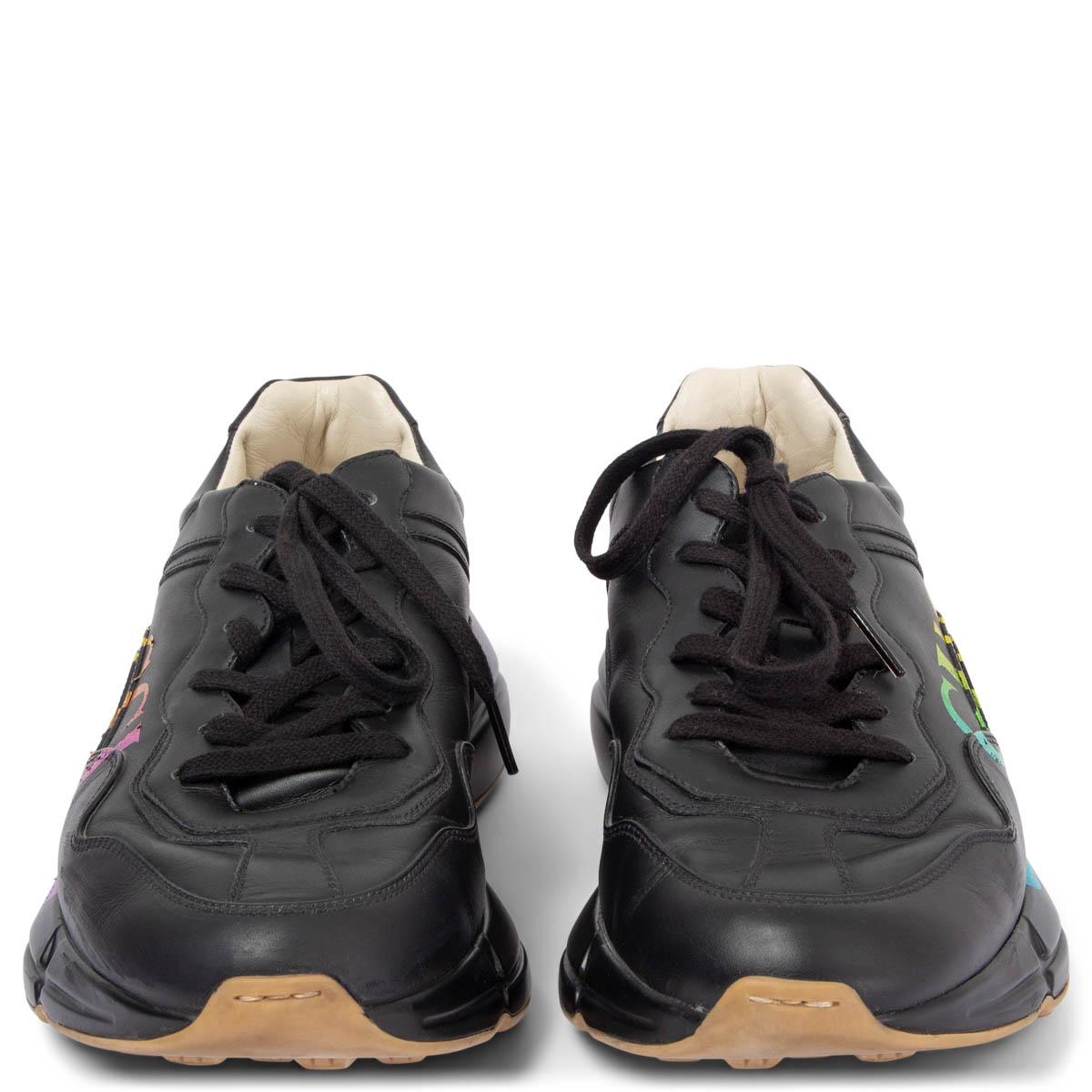 100% authentic Gucci Rhyton Rainbow sneakers in black, green, yellow, orange and pink calfskin featuring black rubber sole. Have been worn and are in excellent condition. 

Measurements
Imprinted Size 8
Shoe Size	Mens 8.5/42 or Women's 40
Inside