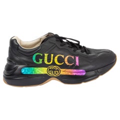 Used GUCCI black leather RYTHON RAINBOW LOGO Sneakers Shoes 8 42 (mens) or 40 (women)
