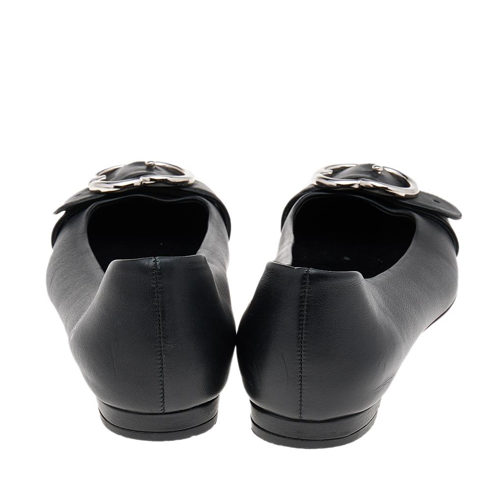 Women's Gucci Black Leather Sachalin Buckle Detail Ballet Flats Size 38