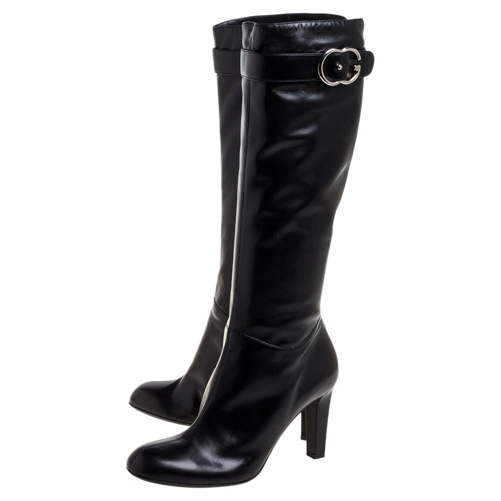 Gucci Black Leather Sachalin Double G Knee High Boots 40 In Excellent Condition In Dubai, Al Qouz 2