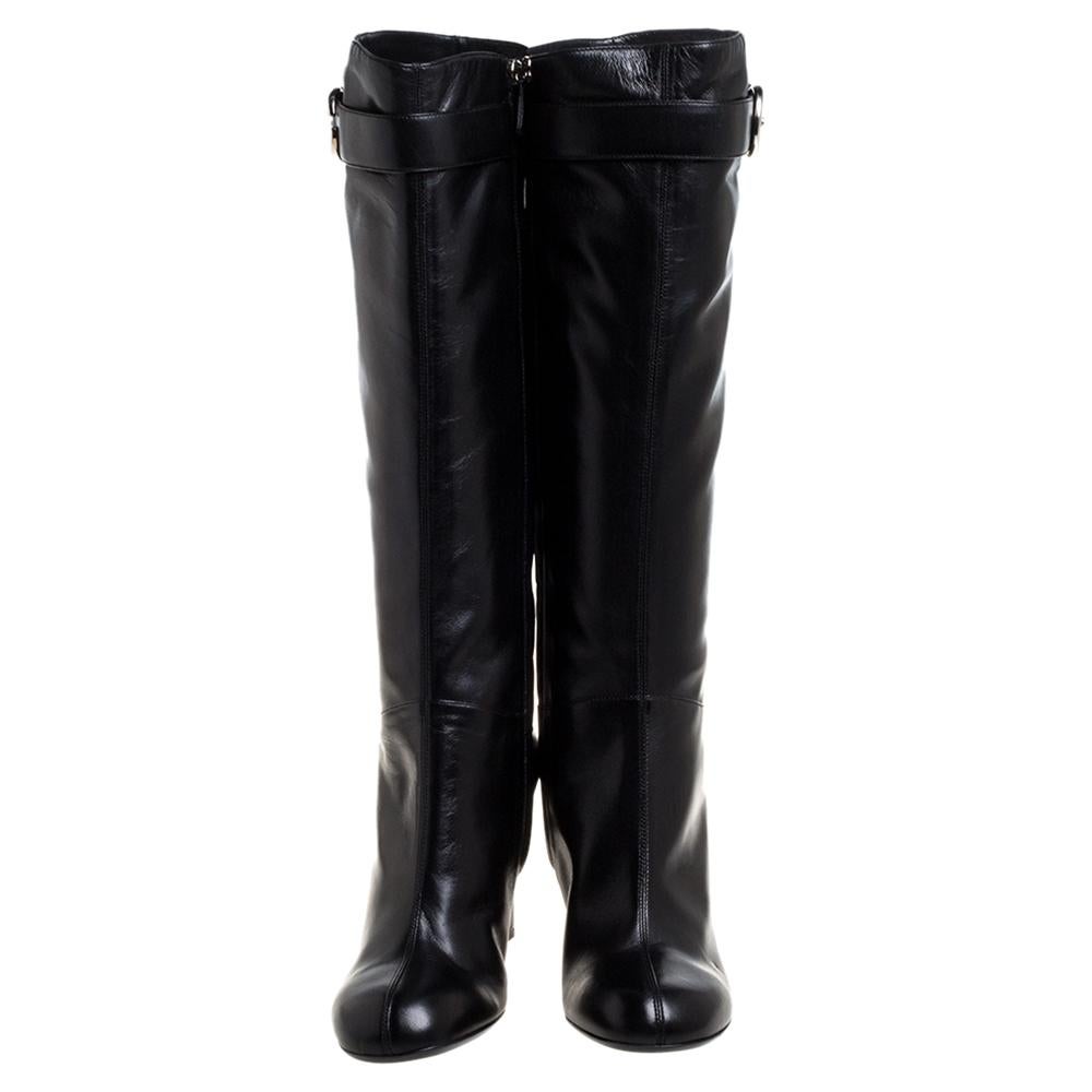 Women's Gucci Black Leather Sachalin Double G Knee High Boots 40