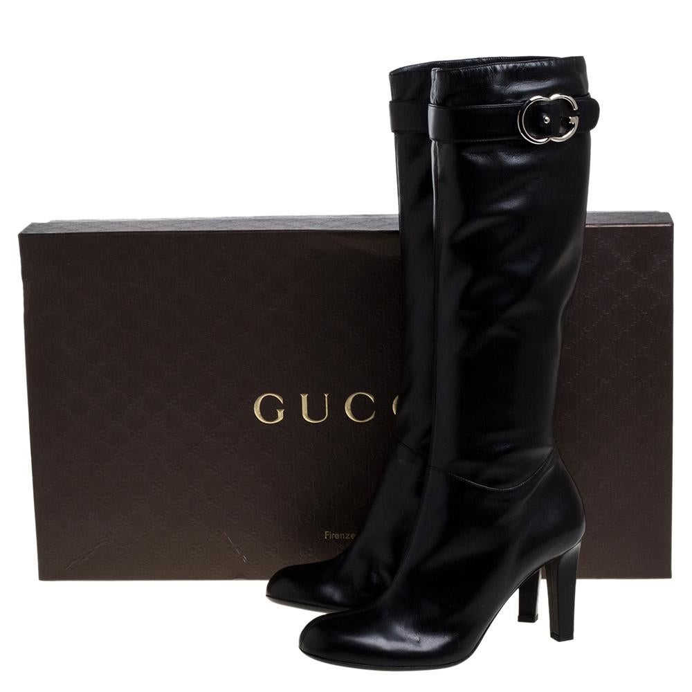 Gucci Black Leather Sachalin Double G Knee High Boots 40 3