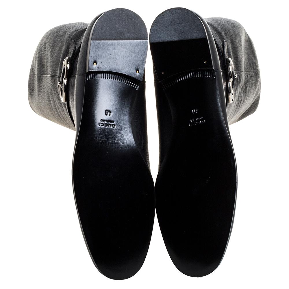 Gucci Black Leather Sachalin Interlocking Double G Riding Boots Size 40 In Good Condition In Dubai, Al Qouz 2