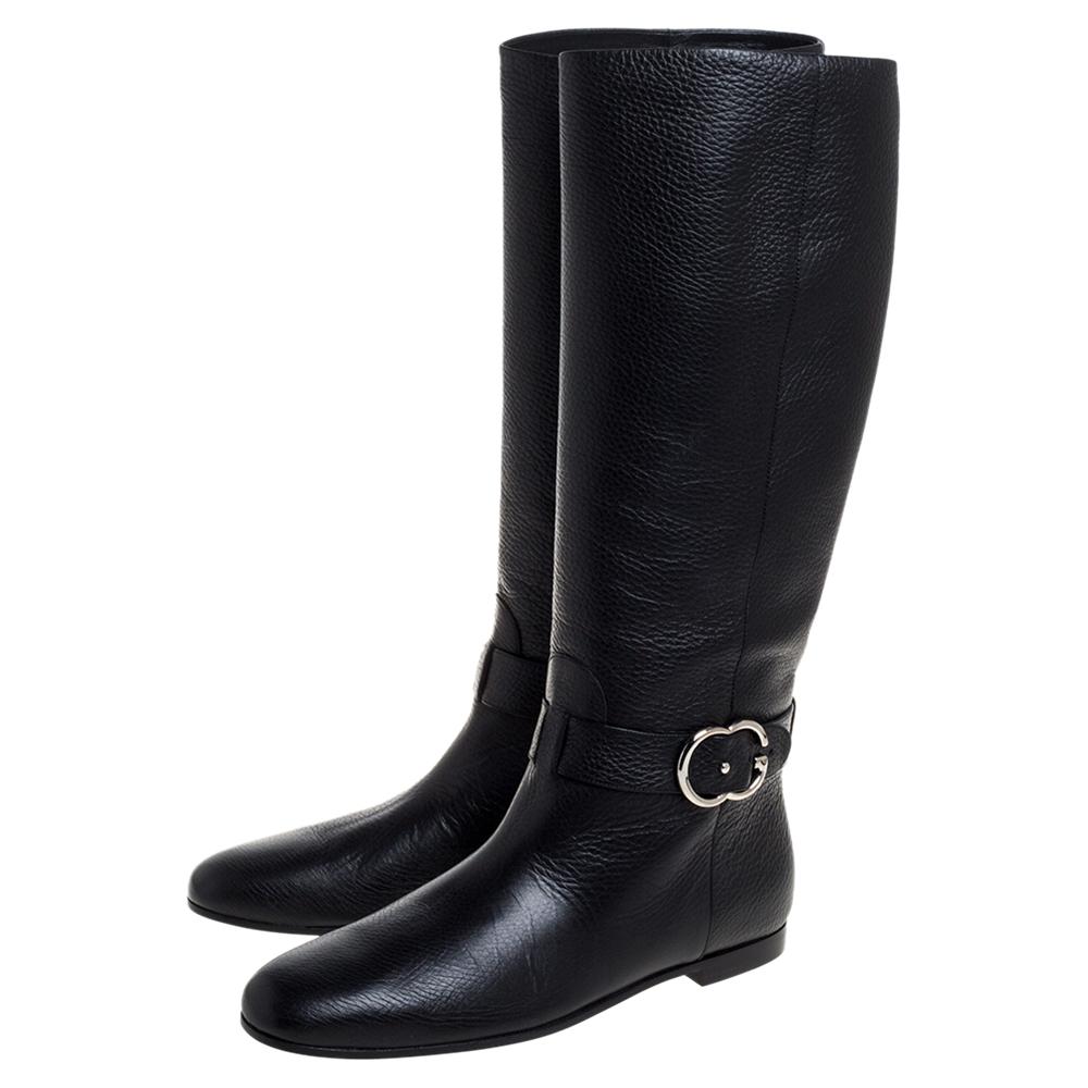 Women's Gucci Black Leather Sachalin Interlocking Double G Riding Boots Size 40